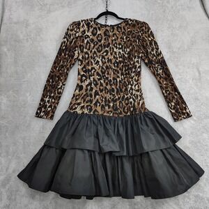 Vtg Morton Myles for the Warrens Party Dress Sz 6 Glam Black Tiered Animal Print